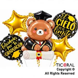 SET DE GLOBOS METALIZADO FELICIDADES GRADUACION OSO 5 UNIDADES